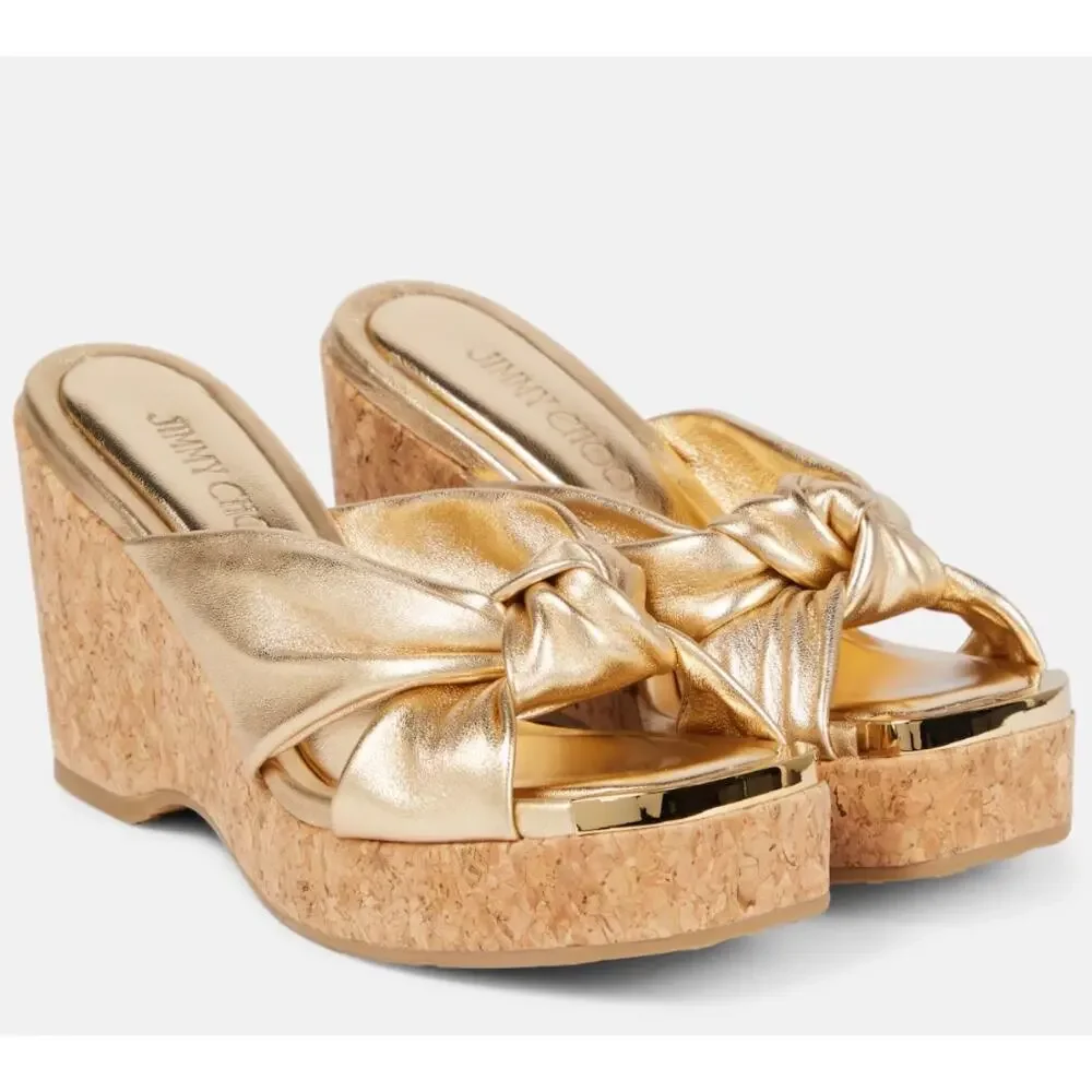 Jimmy Choo Avenue‎ Metallic Leather Cork Wedge Sandals Gold 37